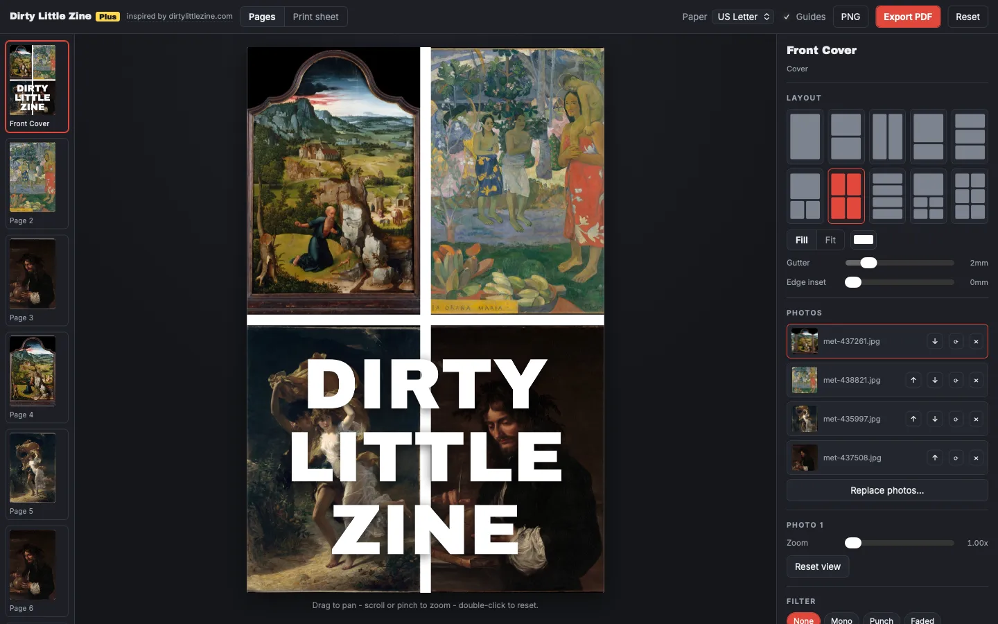 The Dirty Little Zine Plus editor showing a front cover built from four paintings in a two-by-two grid under the zine title, with the page rail and layout inspector.