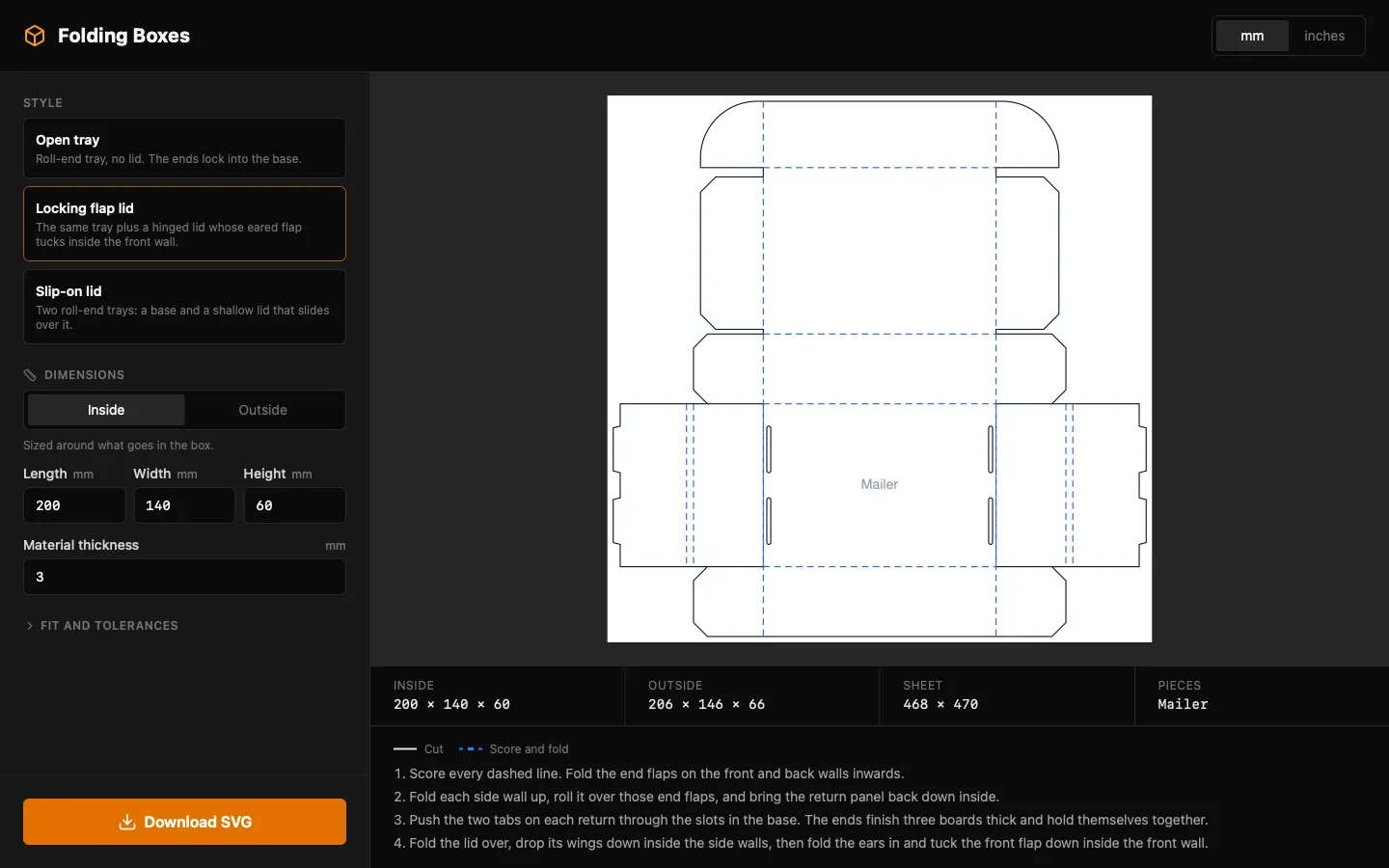 The Folding Boxes app showing a flat cardboard die-line for a 200 x 140 x 60 mm locking-flap-lid box, with cut and score lines marked and fold-up instructions below.