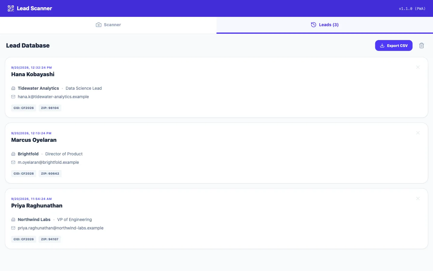 The Lead Scanner app's Leads tab listing three captured conference contacts with company, job title, email and badge metadata, above an Export CSV button.