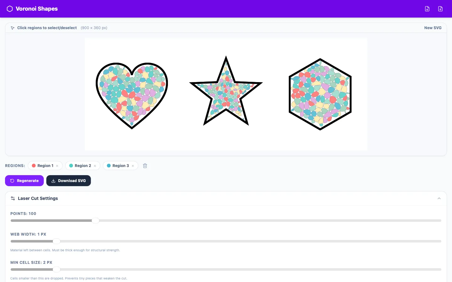 The Voronoi Shapes app with a heart, star and hexagon outline each flood-filled with a generated Voronoi cell pattern in pastel colors, above the laser-cut settings panel.
